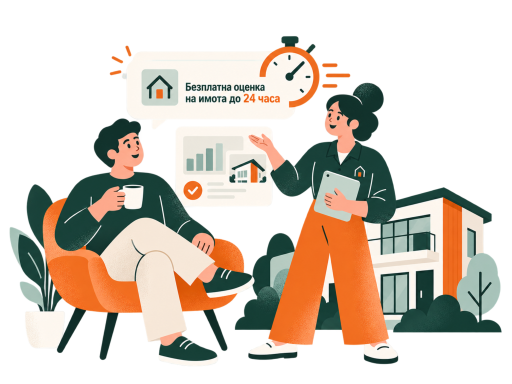 Безплатна оценка на имота до 24 часа — илюстрация на собственик и екипа на StayBooked